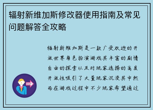 辐射新维加斯修改器使用指南及常见问题解答全攻略