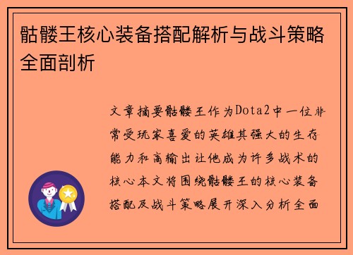 骷髅王核心装备搭配解析与战斗策略全面剖析